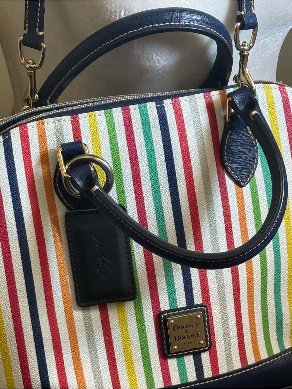 Like New Vintage Dooney &Bourke “Catalina” Striped Satchel with Navy Trim - Picture 13 of 15